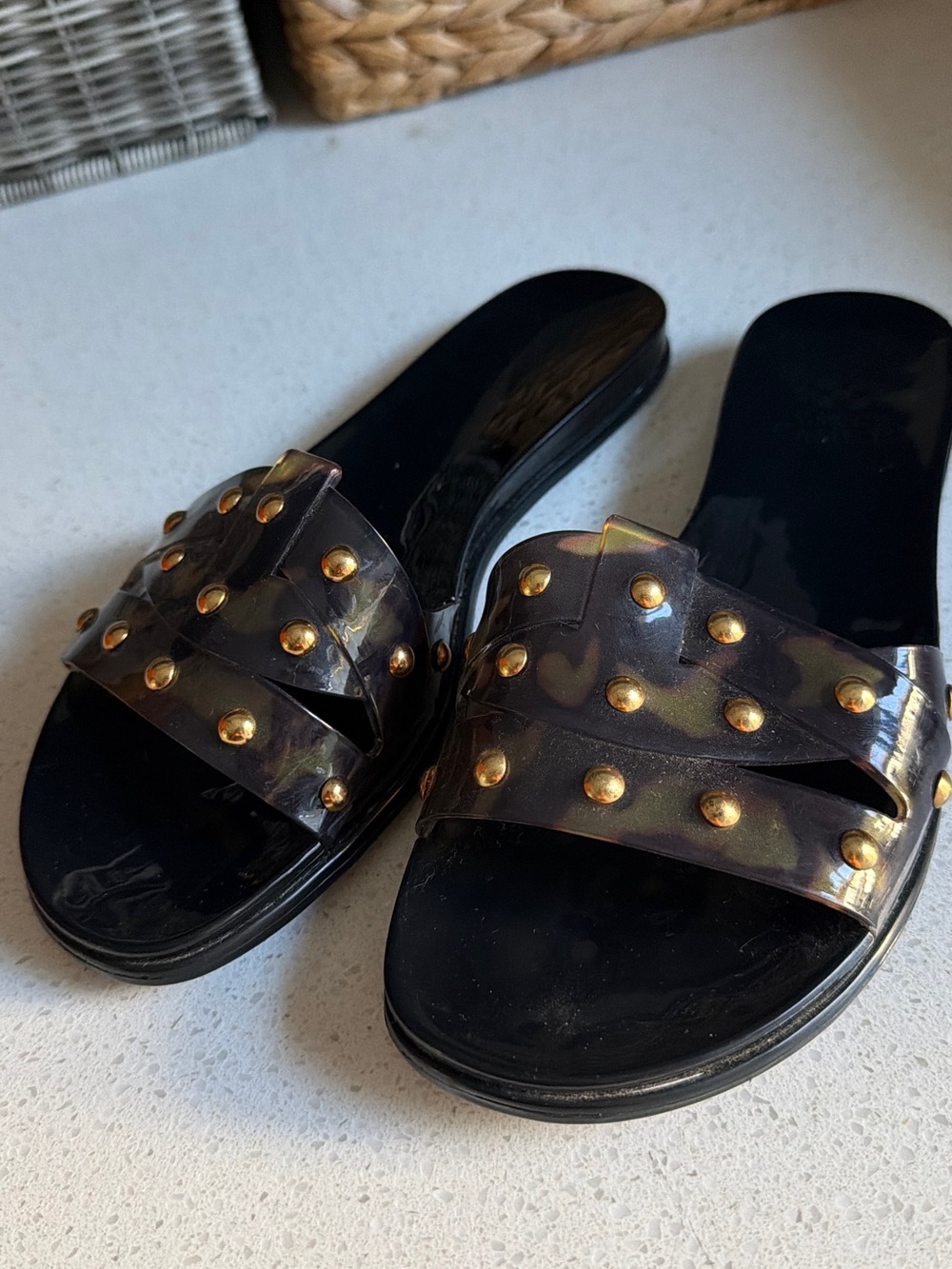 Vince Camuto Black Tortoiseshell Slide Sandals with Gold Studs